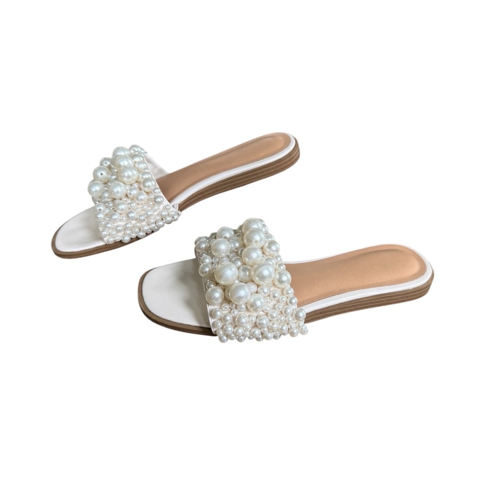 Target Pearl Slide Sandals White Cream Faux Pearl Embellished Flat Shoes Size 8